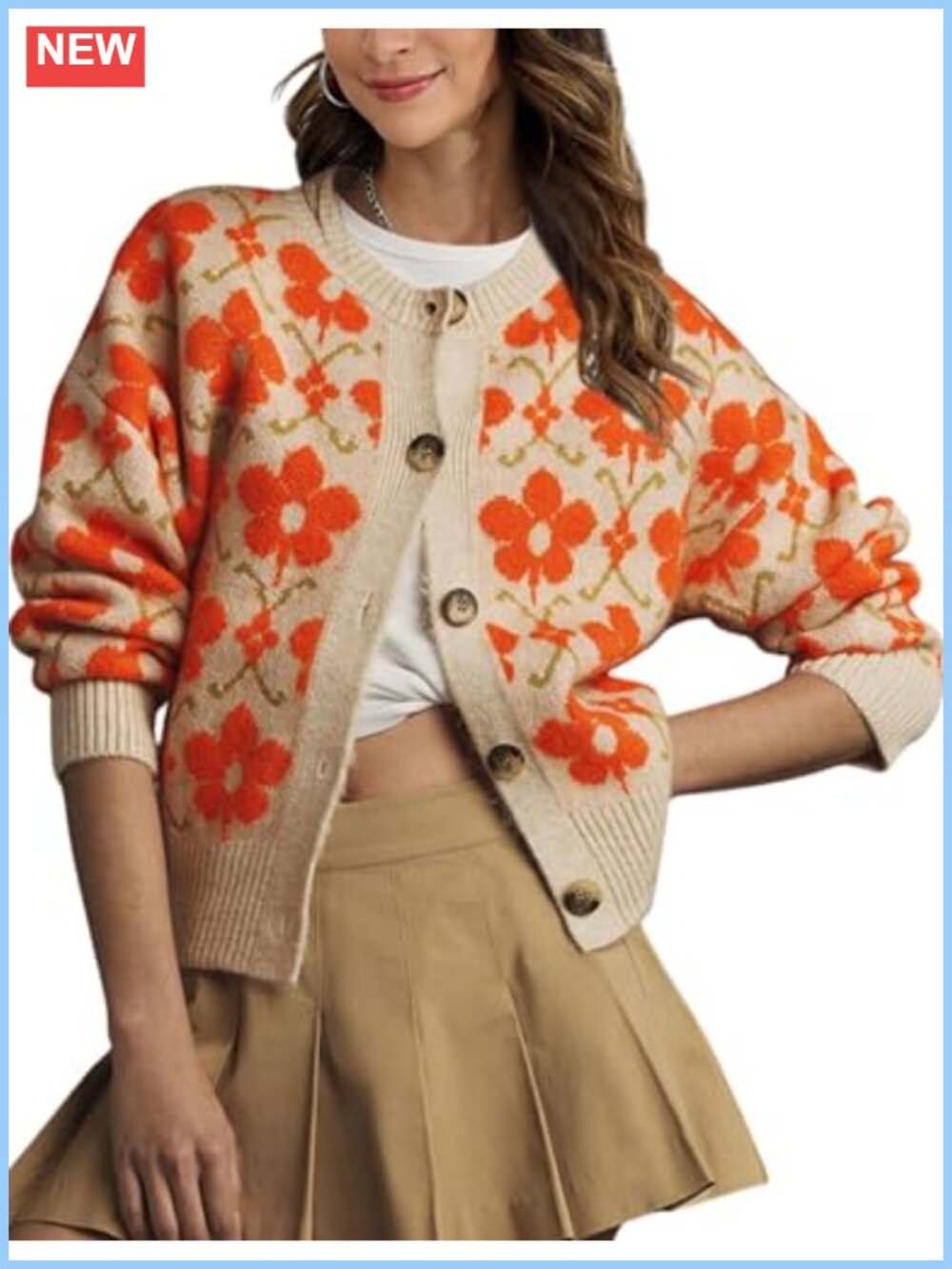 Women Floral Knit Cardigan Sweater Open Front Button Down Long Sleeve Vintage